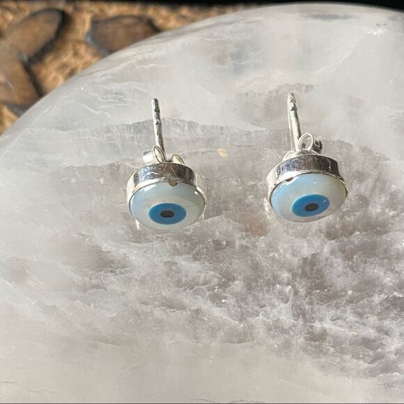 Evil Eye Shell And Turquoise solid Sterling Silver Stud Earrings - Picture 3 of 7